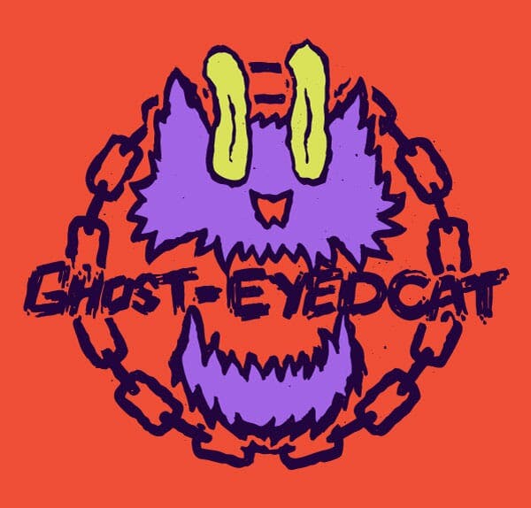 Illustrated logo for Ghost-Eyed cat with a spooky cat and circular chain.