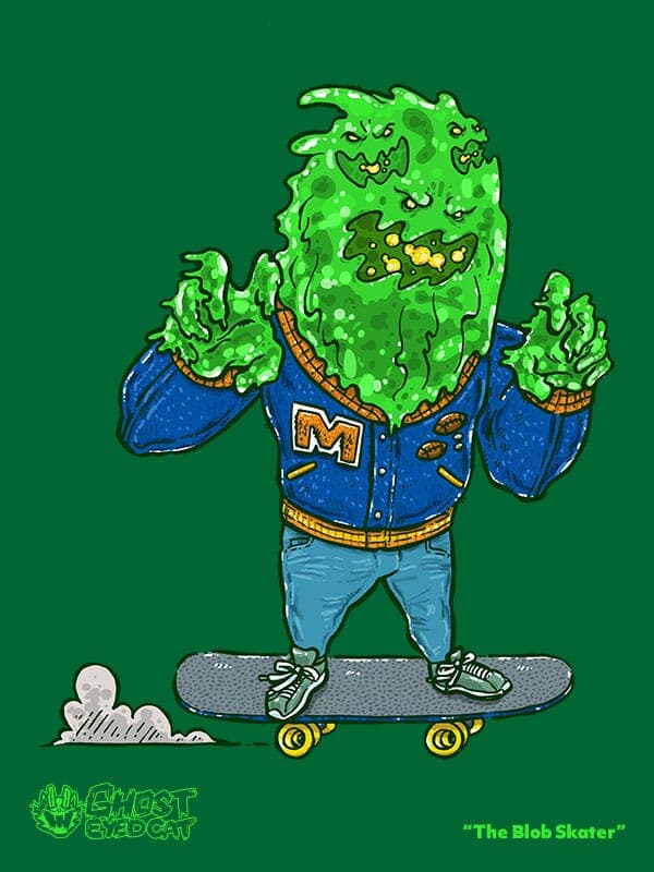 A green multi-faced ooze monster is riding a skateboard with a letterman's jacket.