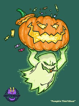 A mischevious ghost hauls off with a jack o'lantern than is full of stolen candy on Halloween night!