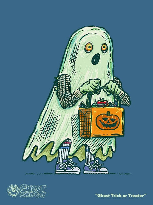 A ghost with scary eyes and long socks and sneakers does the rounds on Halloween as a trick or treater!