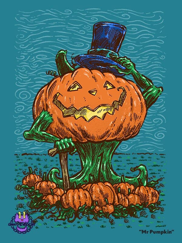 A large and proud pumpking with a top hat tips his hat to the viewer over a small pumpkin patch on a windy night!