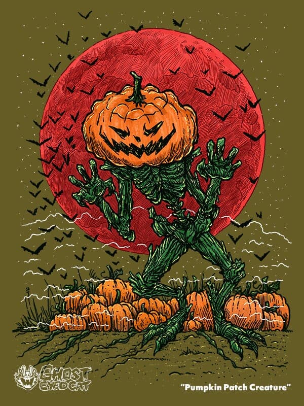 A gangly creature with a skeleton made of vines and a jack o'lantern for a head stirs in a pumpkin patch!