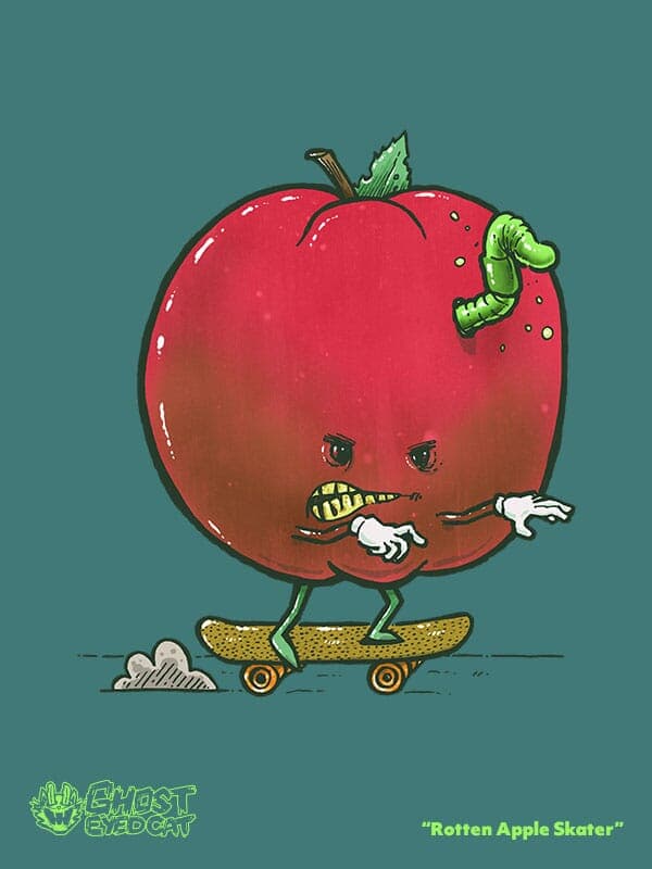 A rotten and diseased apple rides a skateboard with a green work sticking out of the top of it.
