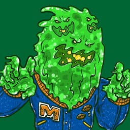A green multi-faced ooze monster is riding a skateboard with a letterman's jacket.