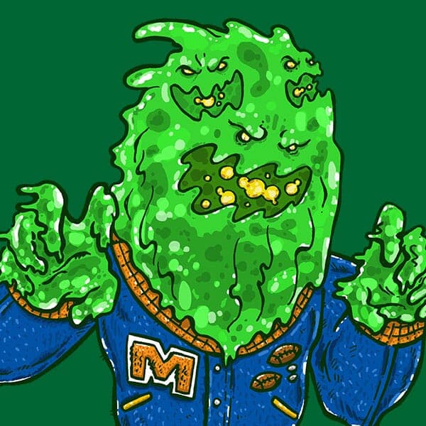 A green multi-faced ooze monster is riding a skateboard with a letterman's jacket.