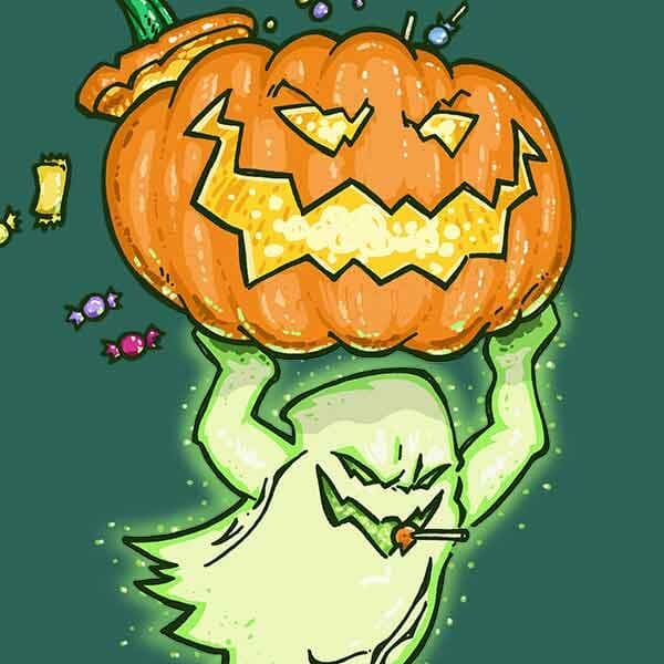 A mischevious ghost hauls off with a jack o'lantern than is full of stolen candy on Halloween night!