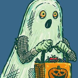 A ghost with scary eyes and long socks and sneakers does the rounds on Halloween as a trick or treater!