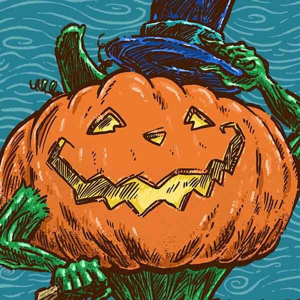 A large and proud pumpking with a top hat tips his hat to the viewer over a small pumpkin patch on a windy night!