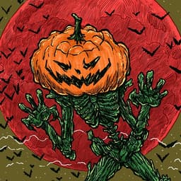 A gangly creature with a skeleton made of vines and a jack o'lantern for a head stirs in a pumpkin patch!