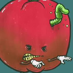 A rotten and diseased apple rides a skateboard with a green work sticking out of the top of it.