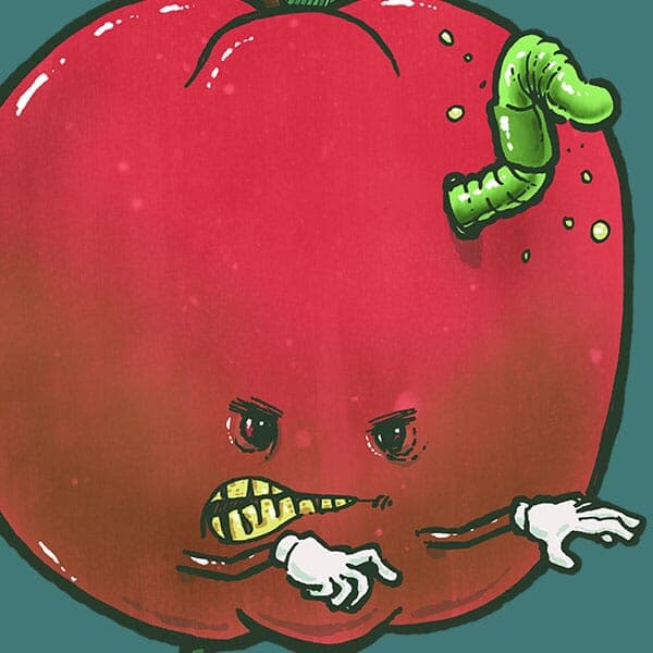 A rotten and diseased apple rides a skateboard with a green work sticking out of the top of it.
