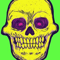 A vintage Halloween skul with dayglow magenta eyes stares with jaws clenched at the viewer with it's terrifying gaze!