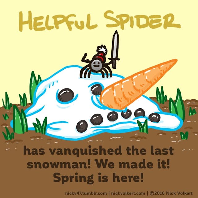 Helpful Spider is holding a sword on a melting snowman head.