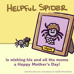 Helpful Spider is holding a bouquet of flowers in front of a picture of his Mom.
