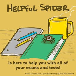Helpful Spider is on a text book wearing glasses.