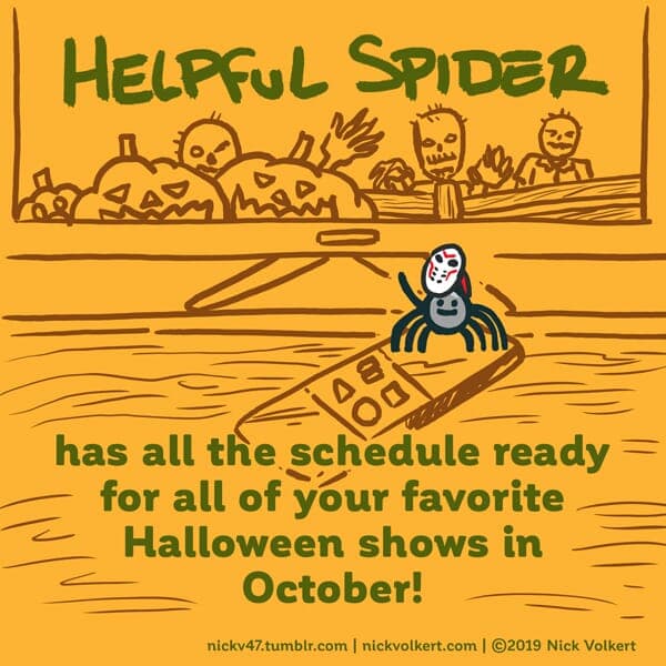 Helpful Spider is on a remote wearing a hockey mask.