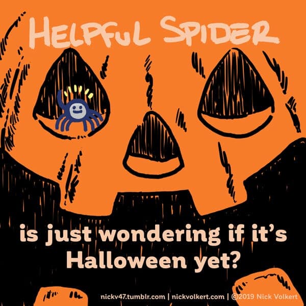 Helpful Spider is standing in a jack o lantern.