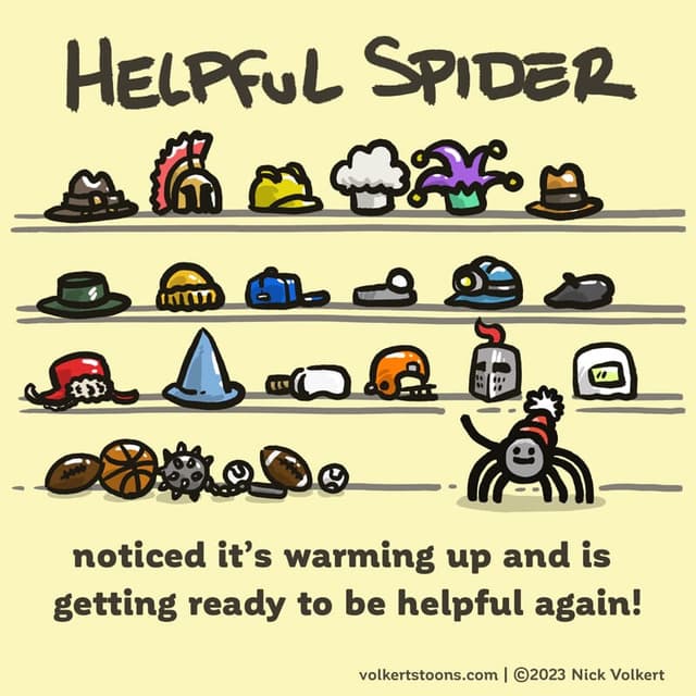 Helpful Spider is at the ready with a flamethrower and an axe in case he needs to keep the New Year in line!