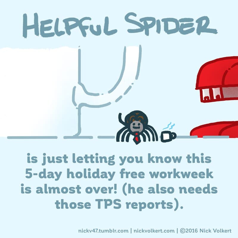 Helpful Spider is dressed as a business professional with a tie and mug!