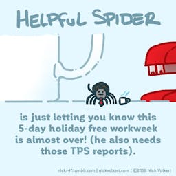 Helpful Spider is dressed as a business professional with a tie and mug!