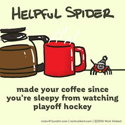 Helpful Spider brews coffee while wearing the jersey of his favorite Chicago team.