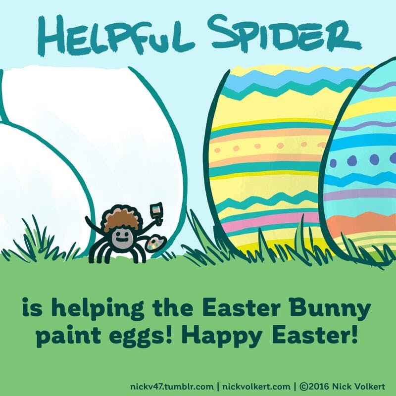 Helpful Spider is holding a brush and painting Easter Eggs.