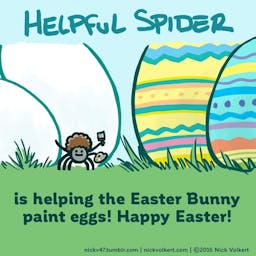 Helpful Spider is holding a brush and painting Easter Eggs.