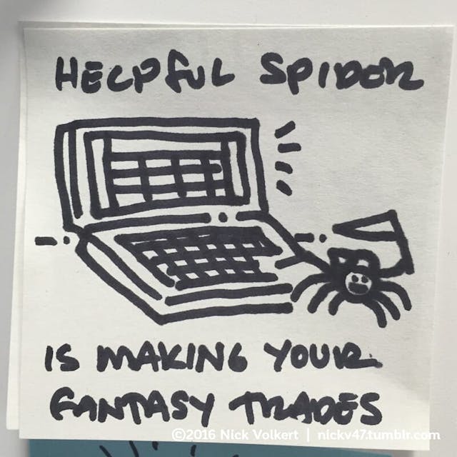 Helpful Spider is in front of a laptop making fantasy football trades.