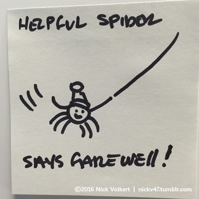 Helpful Spider is swinging on a rope and waving goodbye.