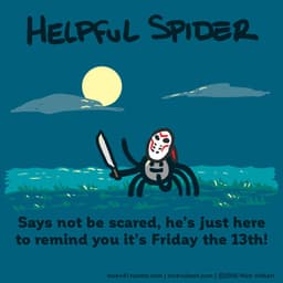 Helpful Spider is dressed in a hockey mask in a spooky setting!