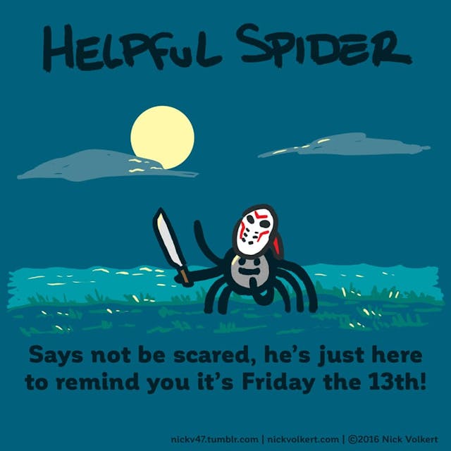 Helpful Spider is dressed in a hockey mask in a spooky setting!
