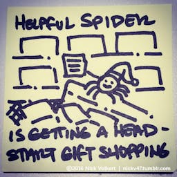 Helpful Spider is on a cart full of items holding his shopping list.