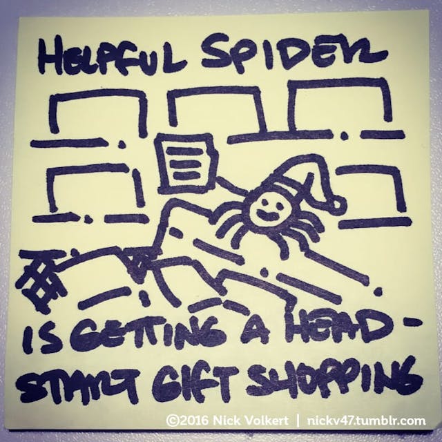 Helpful Spider is on a cart full of items holding his shopping list.