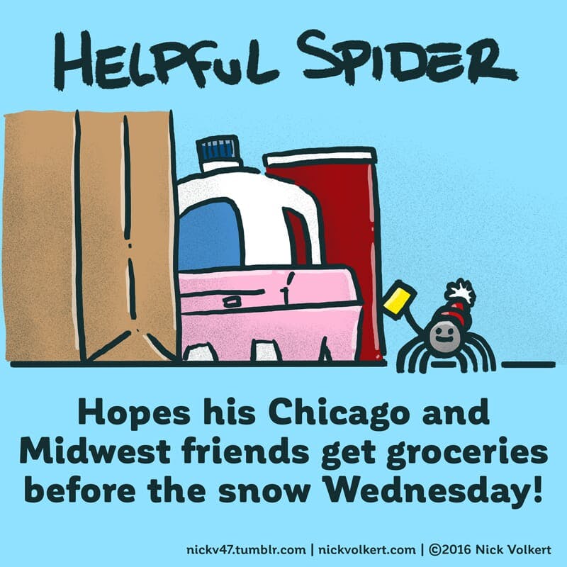Helpful Spider is in front of some assorted groceries with a list.