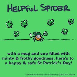 Helpful Spider is holding a green shake and beer.