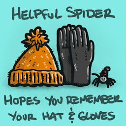 Helpful Spider is pointing to a pair gloves and stocking cap.