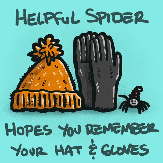 Helpful Spider is pointing to a pair gloves and stocking cap.