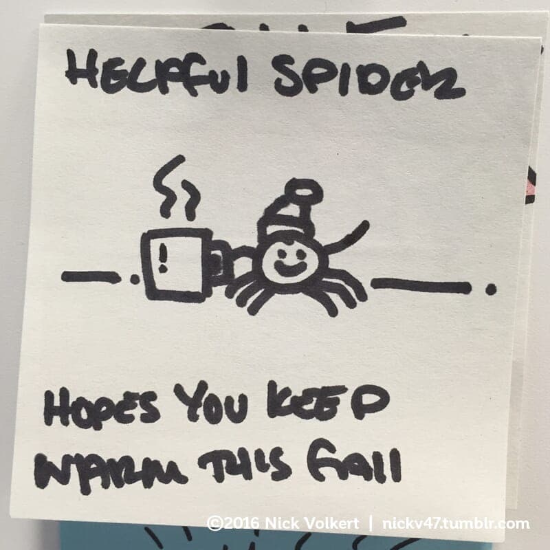 Helpful Spider is holding a mug while wearing a stocking cap and waving. - Part 1