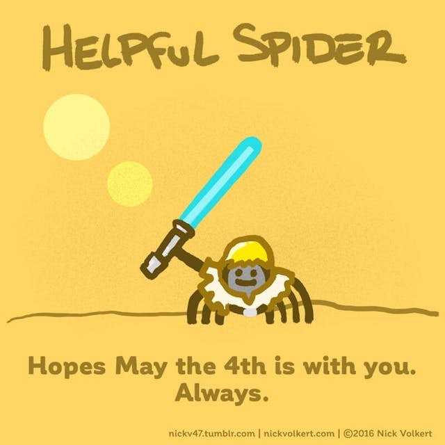 Helpful Spider is dressed as Luke Skywalker for May the 4th.