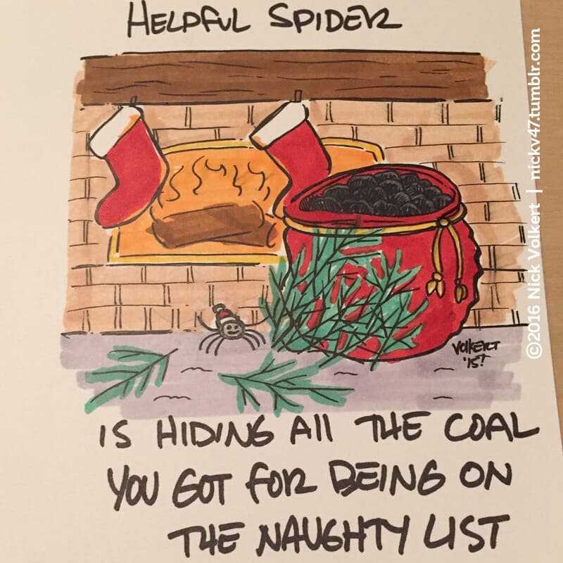 Helpful Spider is placing pine tree branches in front of a big red bag of coal. - Part 1