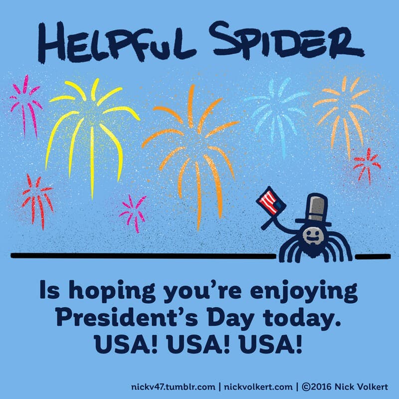 Helpful Spider is dressed as Abe Lincoln waving a flag for Presidents Day.