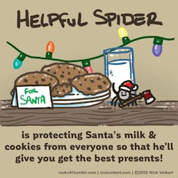 Helpful Spider is guarding treats for Santa Claus.