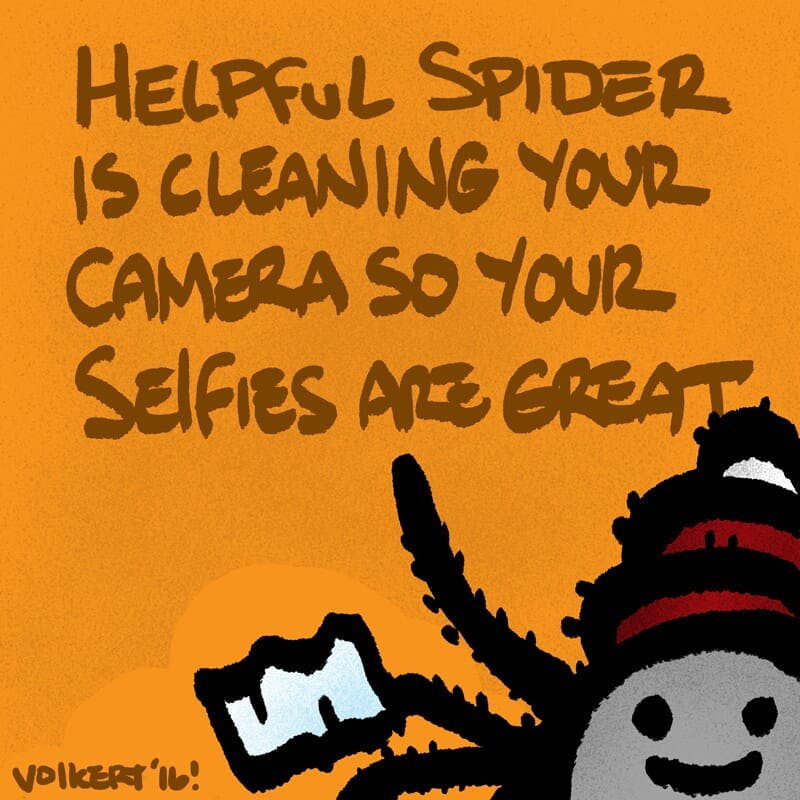 Helpful Spider is cleaning a photo camera.