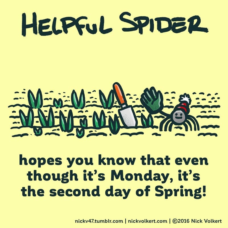 Helpful Spider waving with a big green glove while tending to a tulip garden. - Part 1