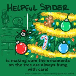 Helpful Spider is decorating a Christmas tree.