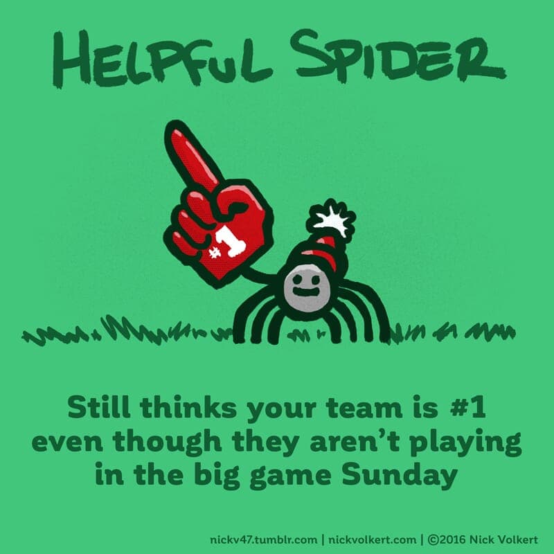 Helpful Spider is rooting for your team with a big foam finger.