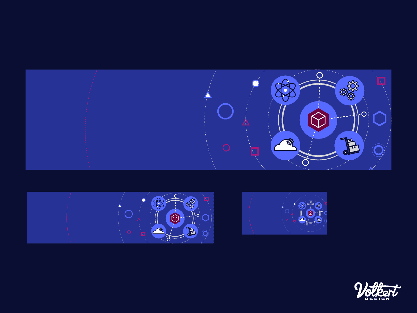 A hero image design with four different services orbiting around a circle to convey outer space and technology.