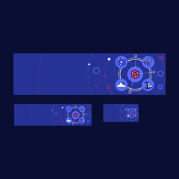 A hero image design with four different services orbiting around a circle to convey outer space and technology.