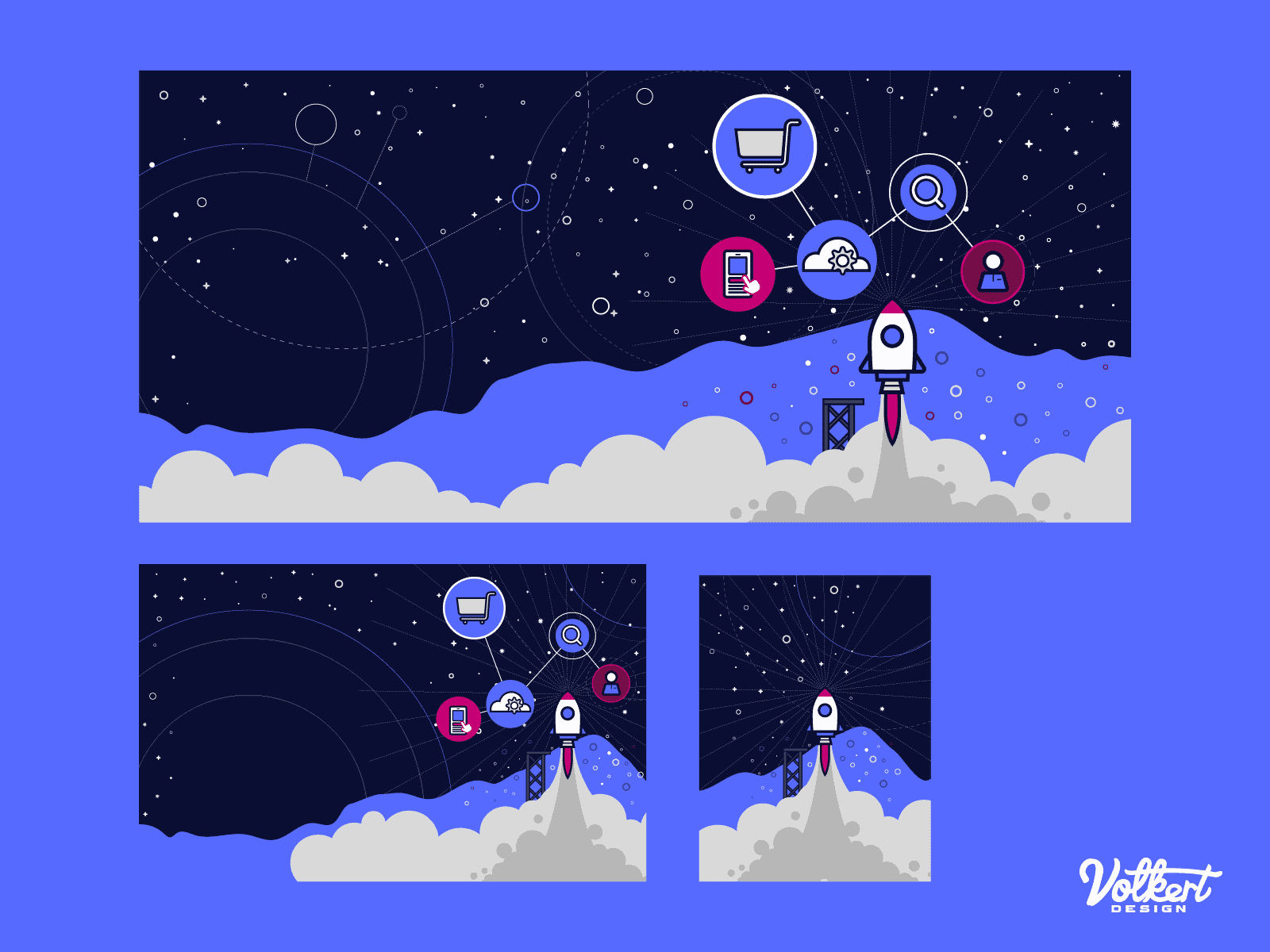 A collection of icons and a scene of outer space and references to services Aries Solutions provides as seen on their landing page.
