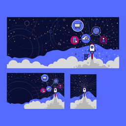 A collection of icons and a scene of outer space and references to services Aries Solutions provides as seen on their landing page.